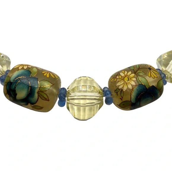 Vintage Hand-Painted Art Glass Necklace w/ 14K Gold Clasp-Length 19”
